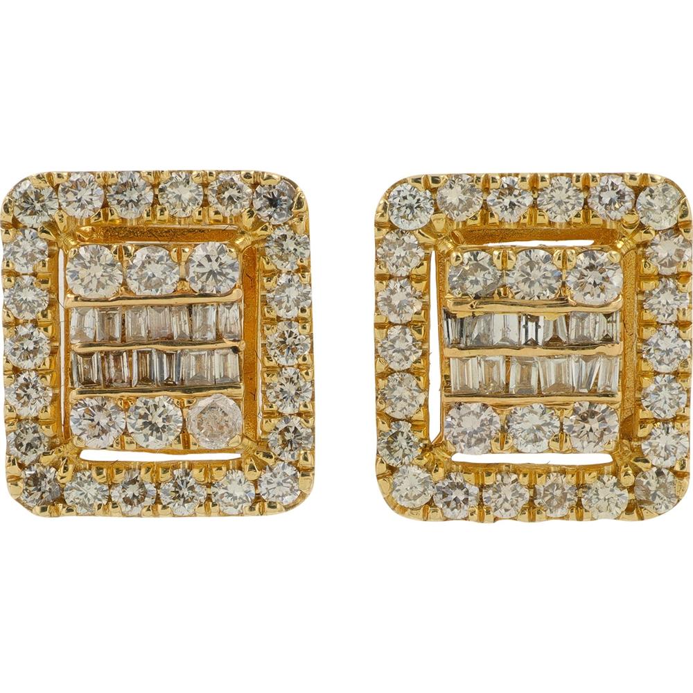 14K Yellow Gold 1.18 Carat Total Weight Diamond Stud Earrings with Round and Baguette Diamonds