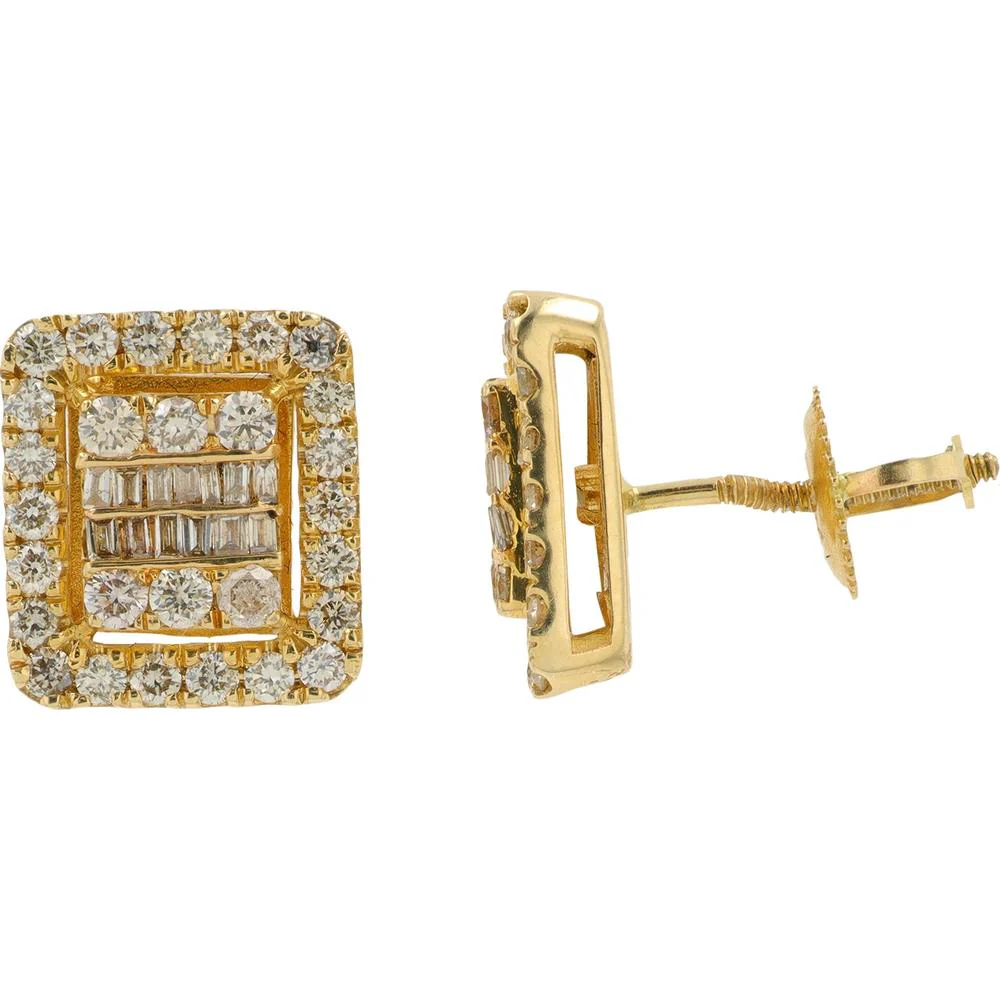 14K Yellow Gold 1.18 Carat Total Weight Diamond Stud Earrings with Round and Baguette Diamonds - Image 2