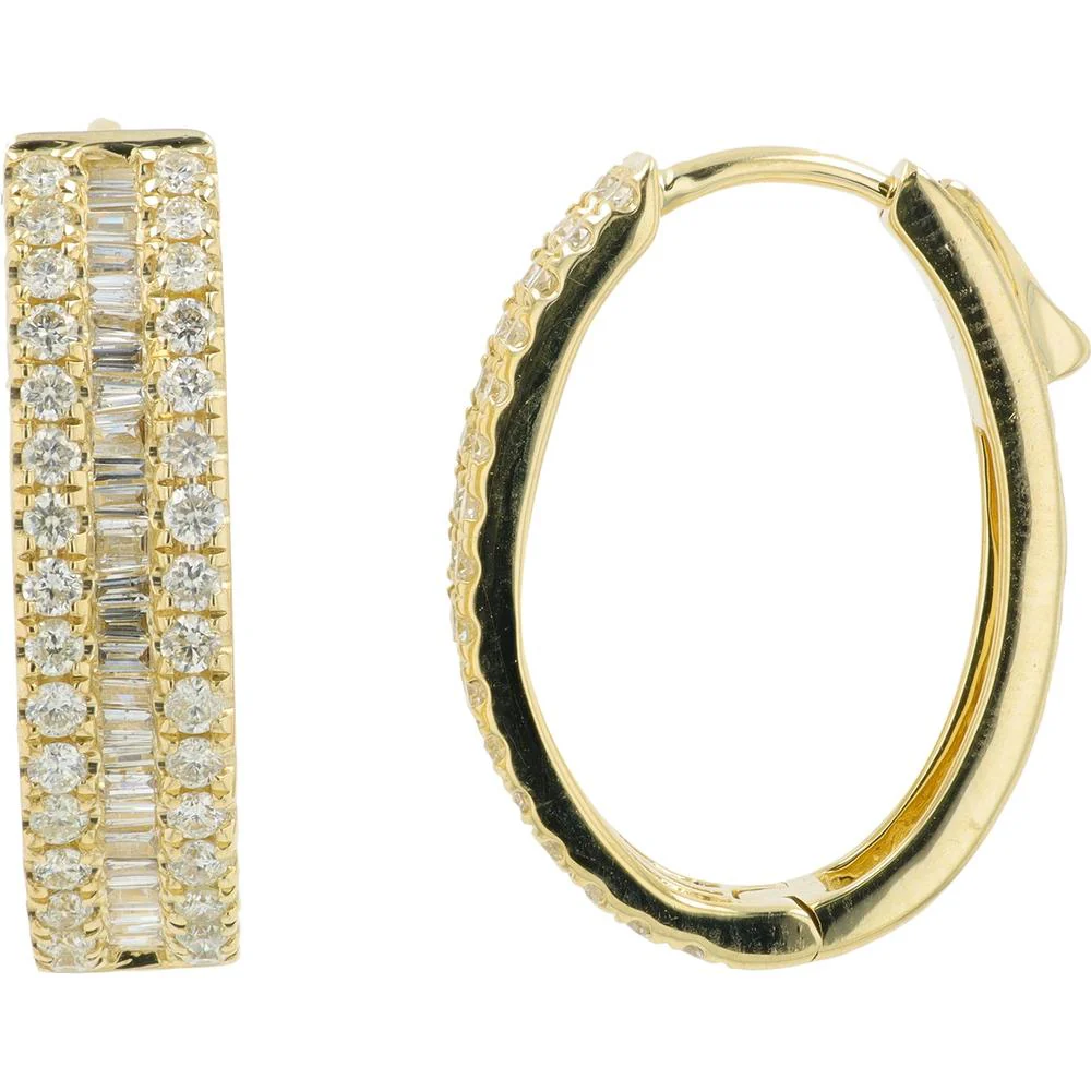 14K Yellow Gold 1.25 Carat Diamond Huggie Hoop Earrings - Baguette and Round Brilliant Diamonds