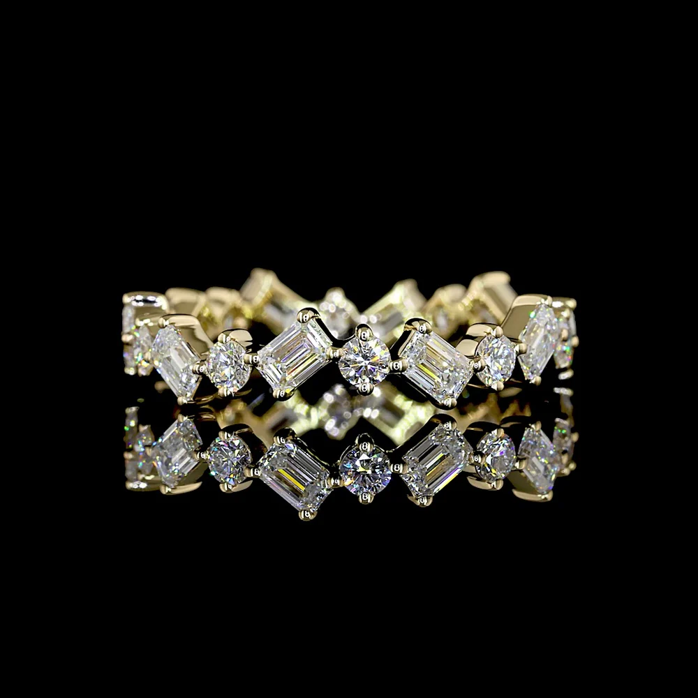 14K Yellow Gold 1.29 Carat Alternating Emerald Cut and Brilliant Cut Lab Diamond Eternity Band with Inclined Prong Setting - Covaloro Fine Jewelry
