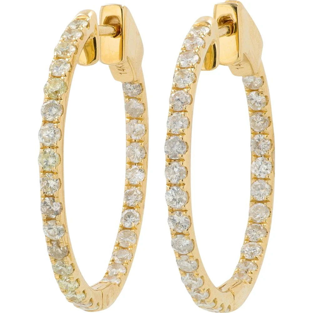 14K Yellow Gold 1.30 Carat Diamond Inside - Out Hoop Earrings - 1.30 Carat Total Diamond Weight