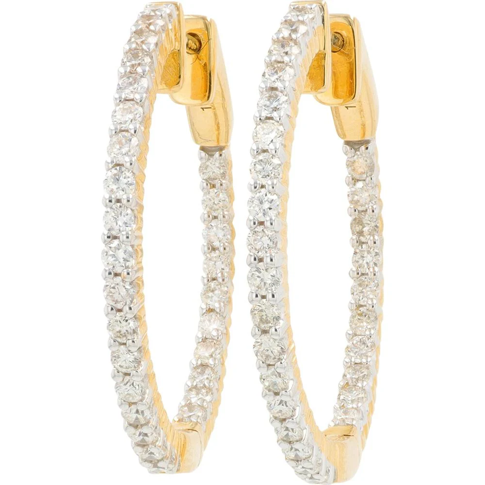14K Yellow Gold 1.50 Carat Diamond Medium Hoop Earrings - Prong Set Diamonds