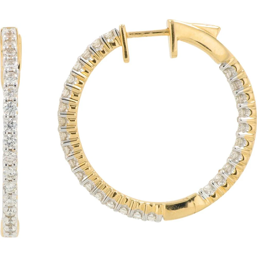 14K Yellow Gold 1.50 Carat Diamond Medium Hoop Earrings - Prong Set Diamonds - Image 2