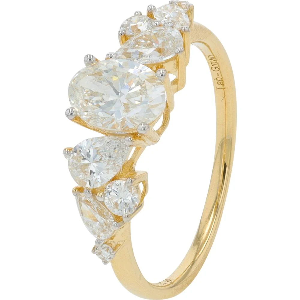 14K Yellow Gold 1.50 Carat Lab Grown Diamond Engagement Ring with Pear and Round Diamond Accents