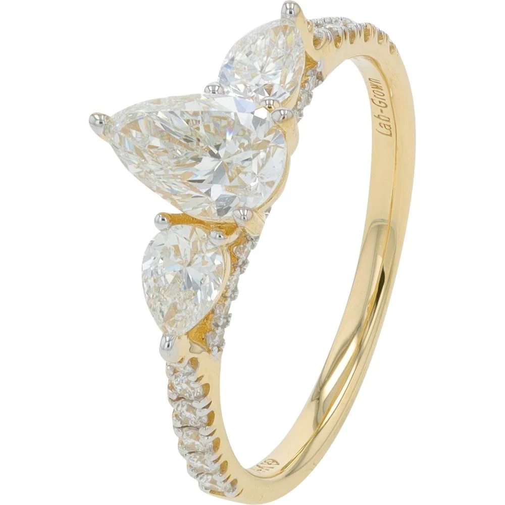 14K Yellow Gold 1.50 Carat Lab Grown Diamond Engagement Ring with Pear Cut Center and Side Diamonds