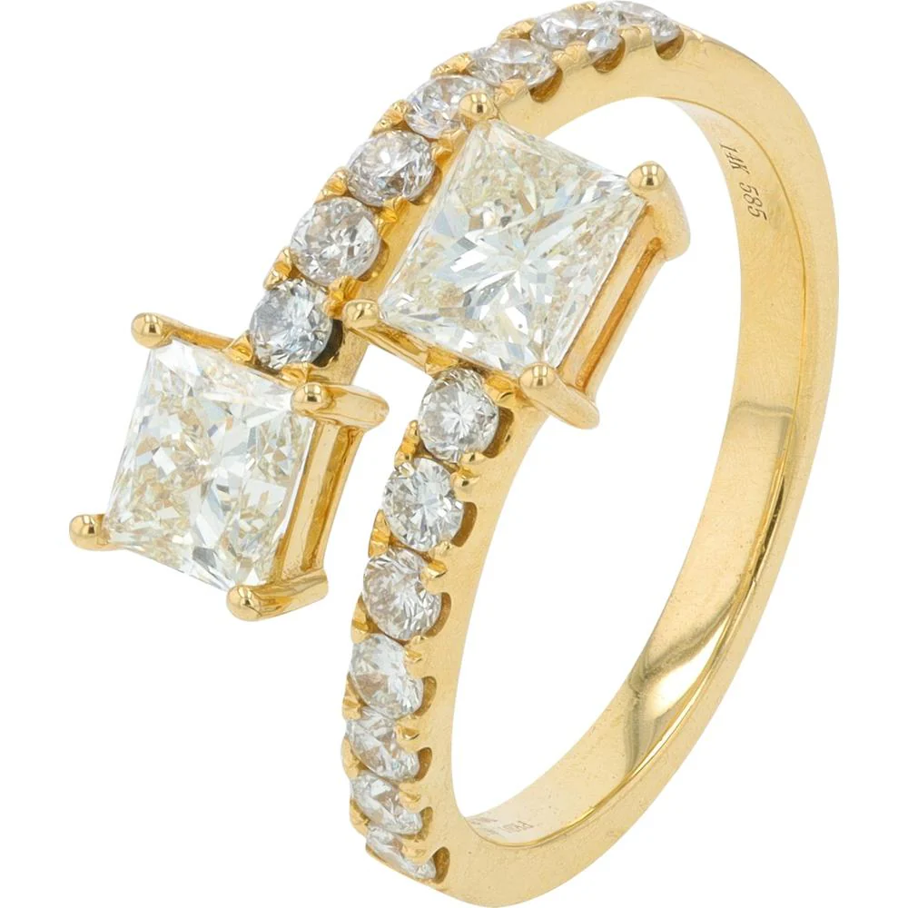 14K Yellow Gold 1.97 Carat Bypass Ring with Princess - Cut and Round Diamonds