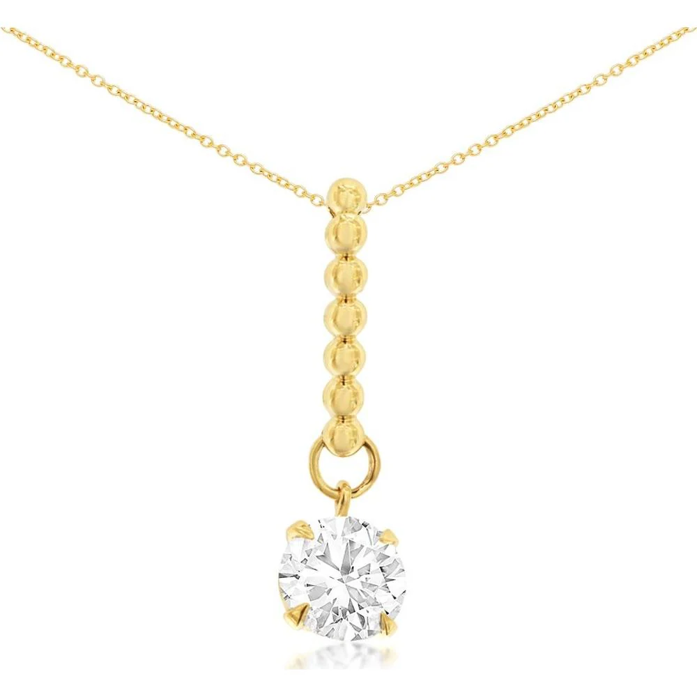 14K Yellow Gold 1 Carat Lab Grown Diamond Solitaire Pendant with Beaded Drop Detail in Round Brilliant Cut - Royal Jewelry