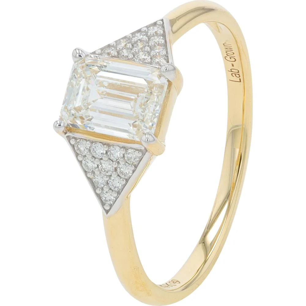 14K Yellow Gold 1 Carat Lab Grown Emerald Cut Diamond Engagement Ring with Pavé Accent Diamonds - 1.50 Carat Total Diamond Weight