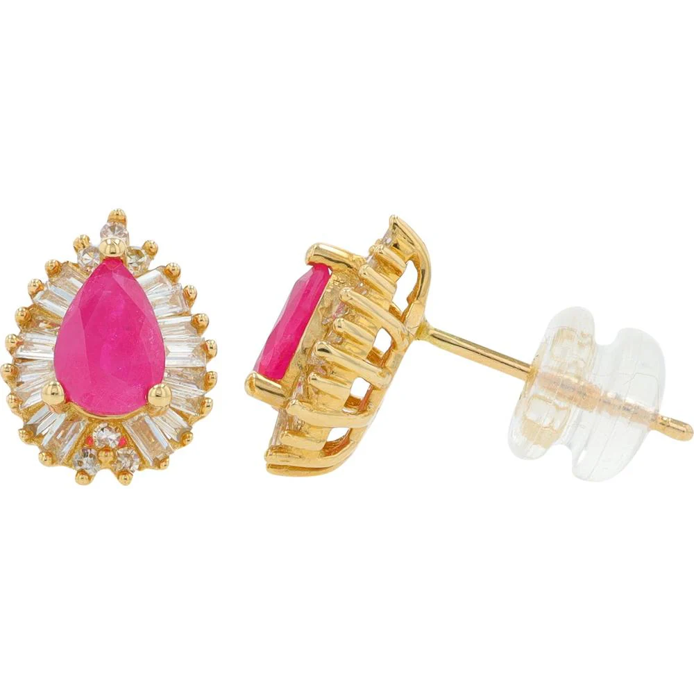14K Yellow Gold 1 Carat Ruby Stud Earrings with 0.33 Carat Diamond Halo - Image 2