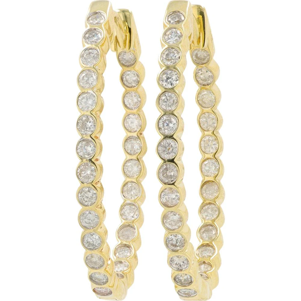 14K Yellow Gold 1 Carat Total Diamond Inside - Out Hoop Earrings - Bezel Set