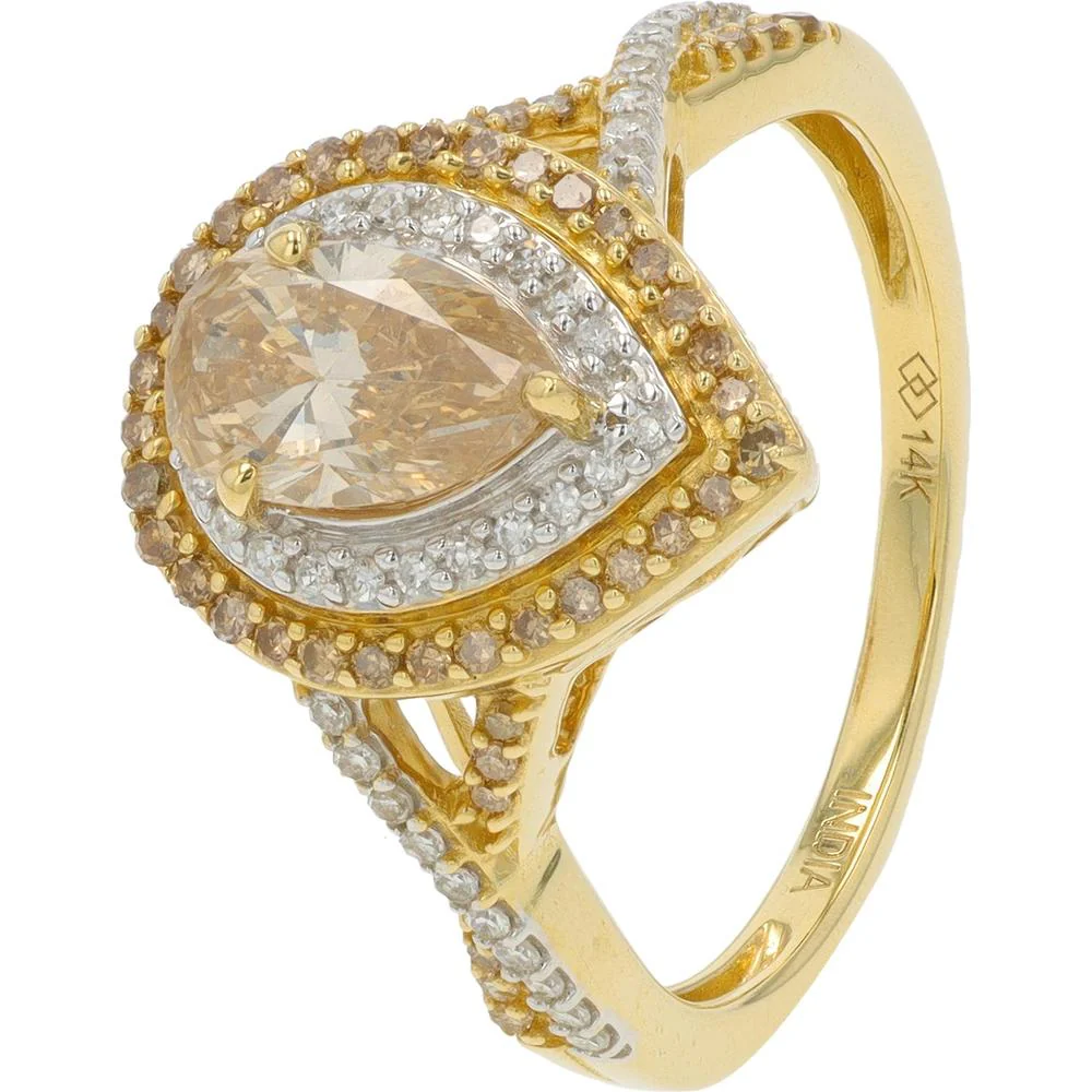 14K Yellow Gold 1 Carat Total Weight Pear Diamond Halo Ring with Champagne and White Diamonds