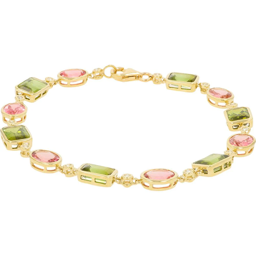 14K Yellow Gold 10.50 Carat Pink & Green Tourmaline Bracelet with Oval and Rectangular Cut Stones - Image 2