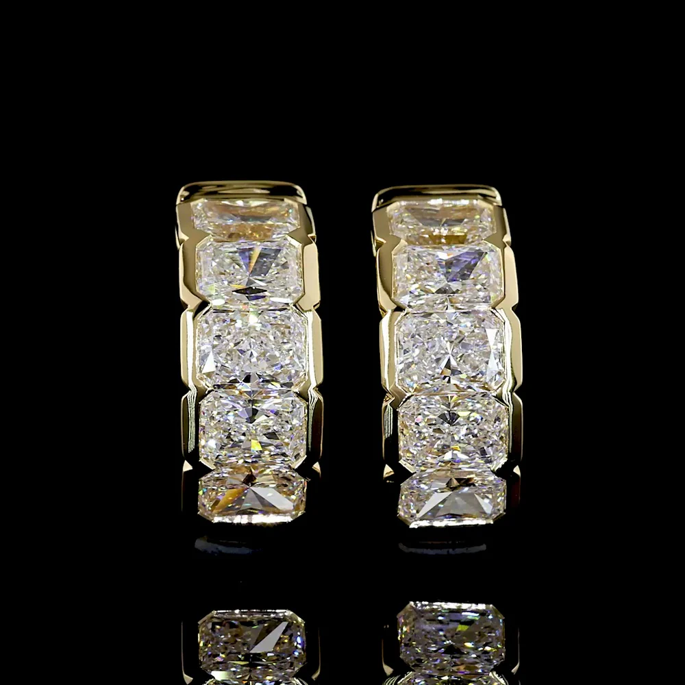 14K Yellow Gold 10-Stone Radiant Cut Lab Diamond Huggie Earrings with Half Bezel Setting - 2.96 Carats Total Diamond Weight - Covaloro Fine Jewelry - Image 2