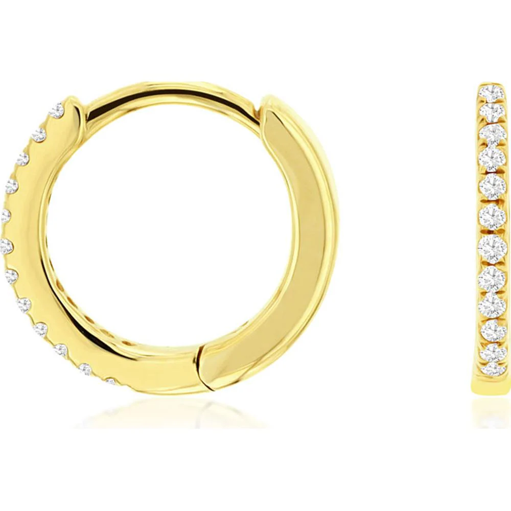 14K Yellow Gold 10mm Diamond Huggie Hoop Earrings with Round Diamonds - 0.07 Carat Total Diamond Weight - Royal Jewelry
