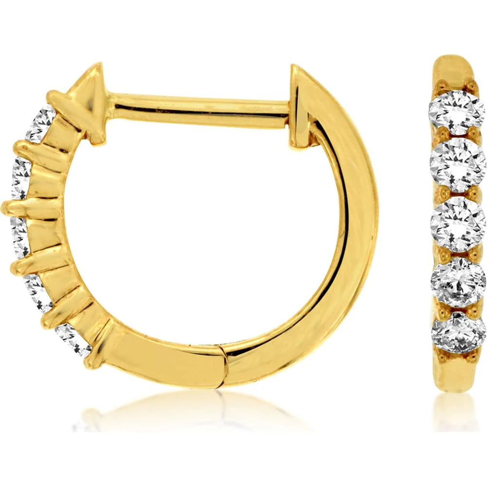 14K Yellow Gold 11mm Diamond Huggie Hoop Earrings with Prong Set Round Brilliant Diamonds - 0.25 Carat Total Diamond Weight - Royal Jewelry