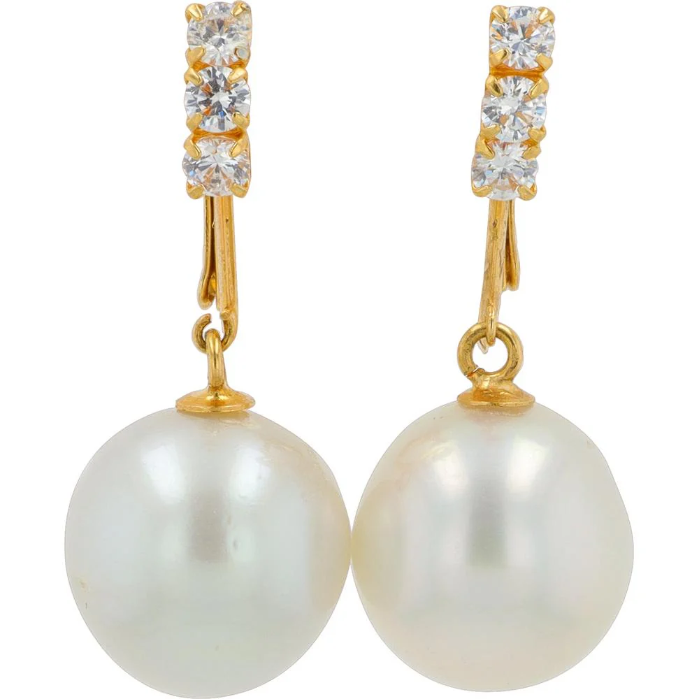 14K Yellow Gold 11mm Pearl Drop Earrings with 3 - Prong Set White Topaz Accents - Total Topaz Weight 0.5 Carat