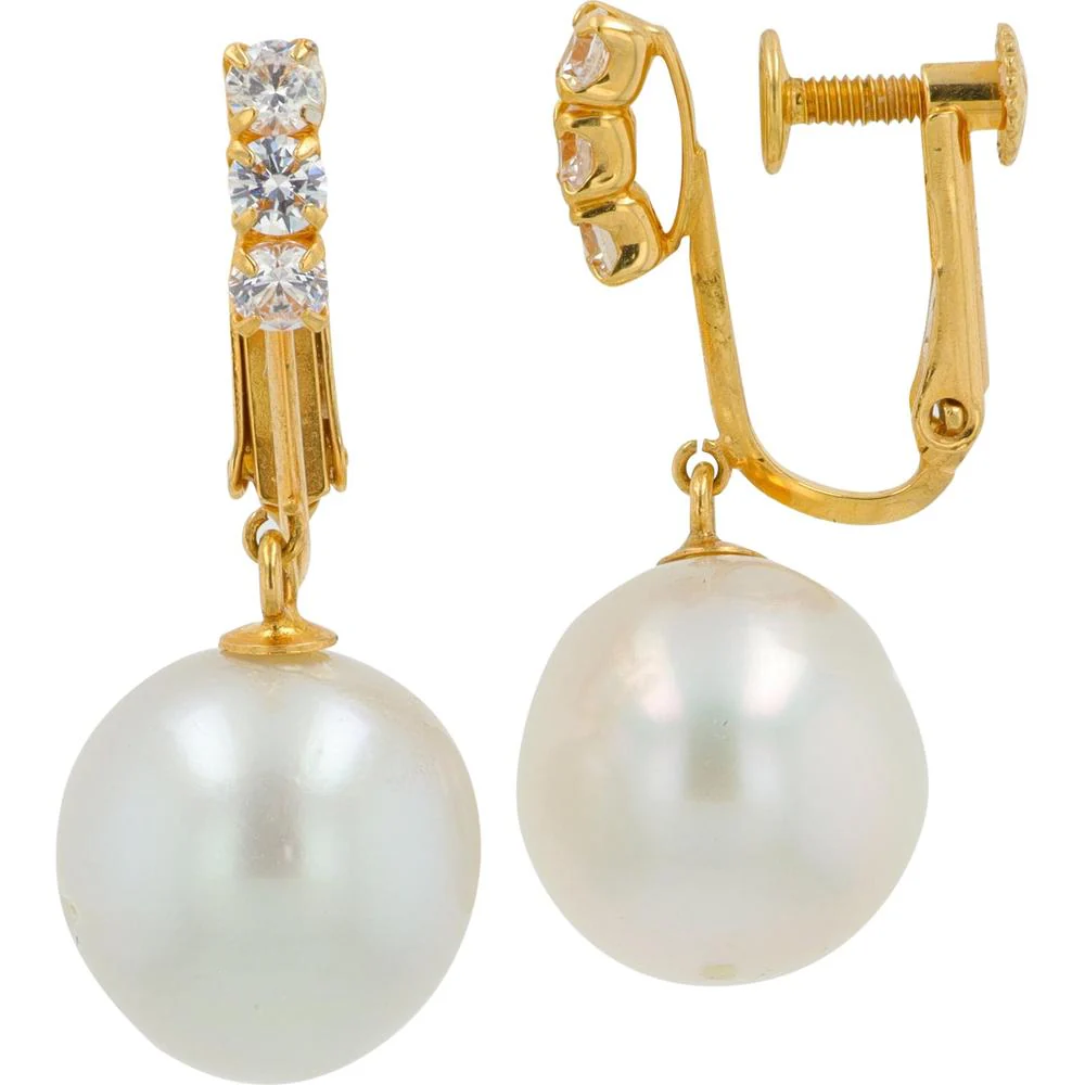 14K Yellow Gold 11mm Pearl Drop Earrings with 3 - Prong Set White Topaz Accents - Total Topaz Weight 0.5 Carat - Image 2