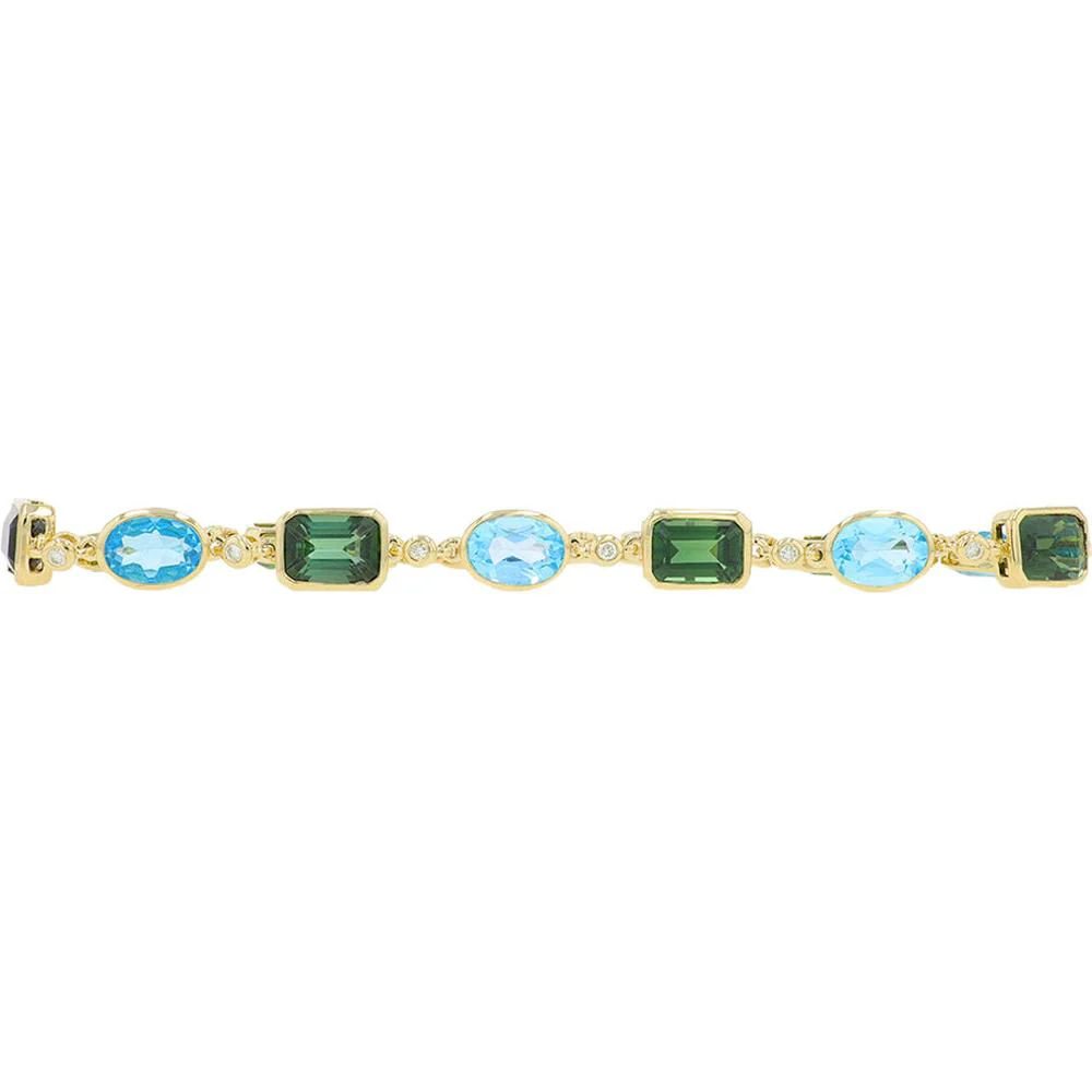 14K Yellow Gold 12.20 Carat Blue Topaz & Green Tourmaline Station Bracelet with Diamond Accents