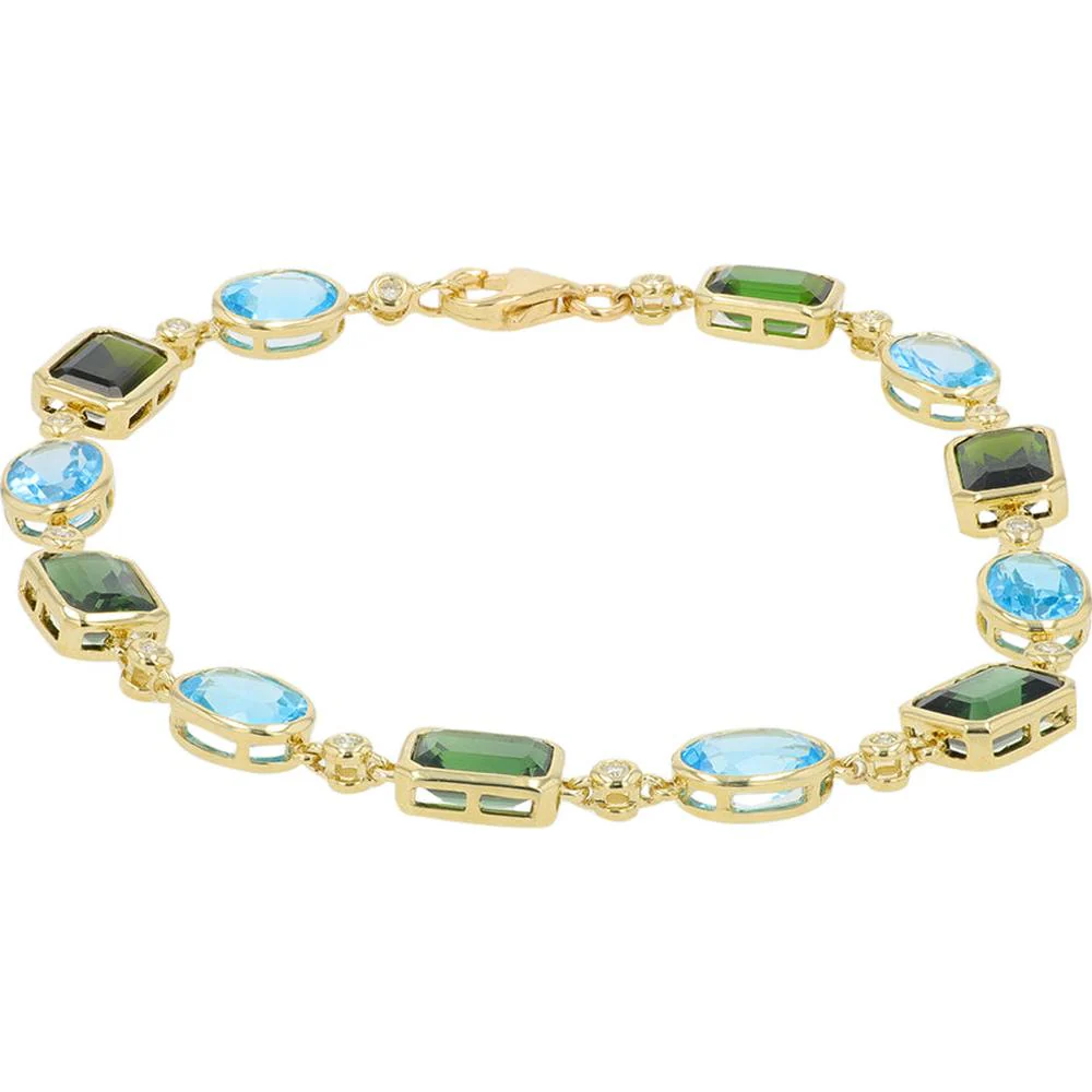 14K Yellow Gold 12.20 Carat Blue Topaz & Green Tourmaline Station Bracelet with Diamond Accents - Image 2