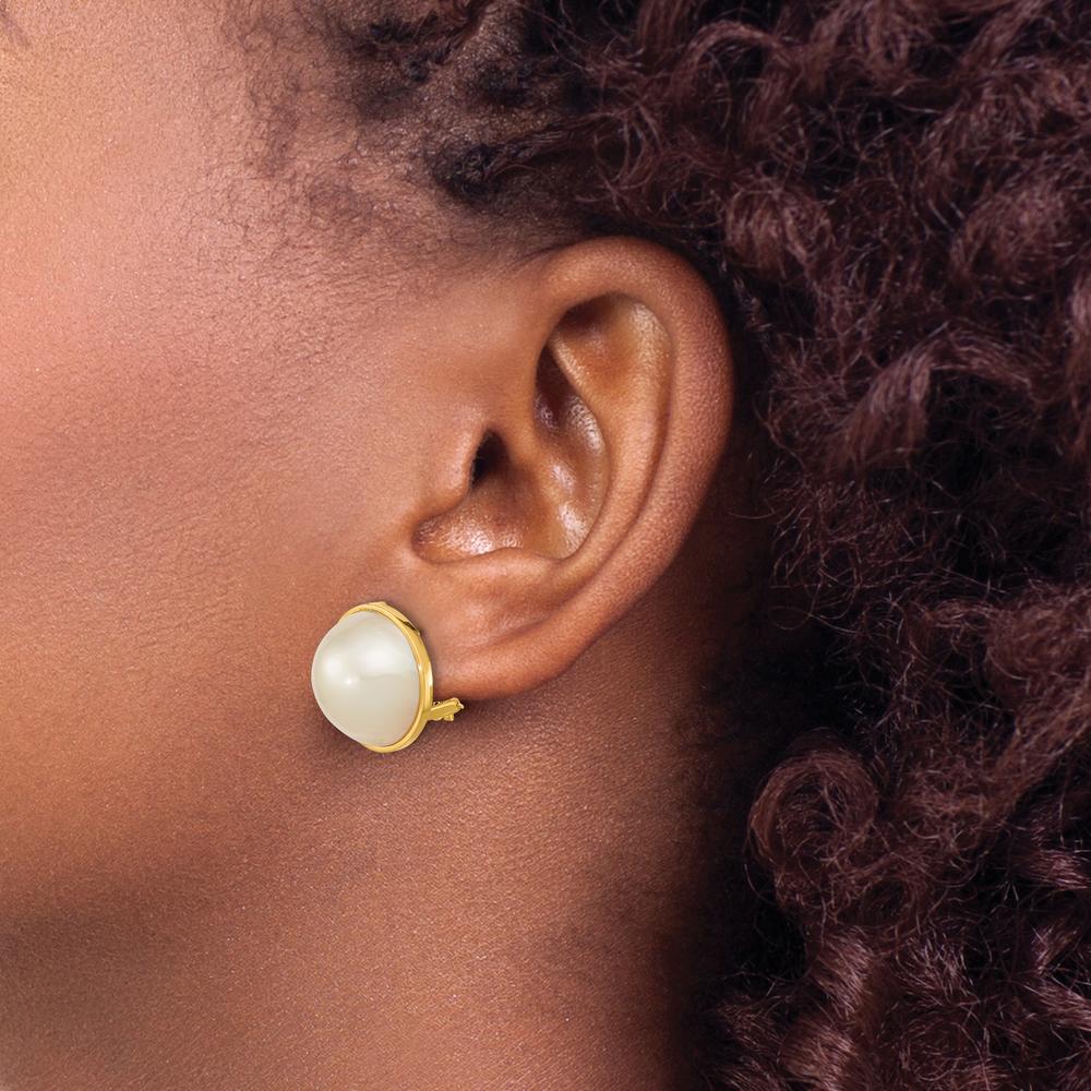 14K Yellow Gold 14-15mm White Mabe Saltwater Cultured Pearl Omega Back Earrings by Monteluci Fine Jewelry - Image 3