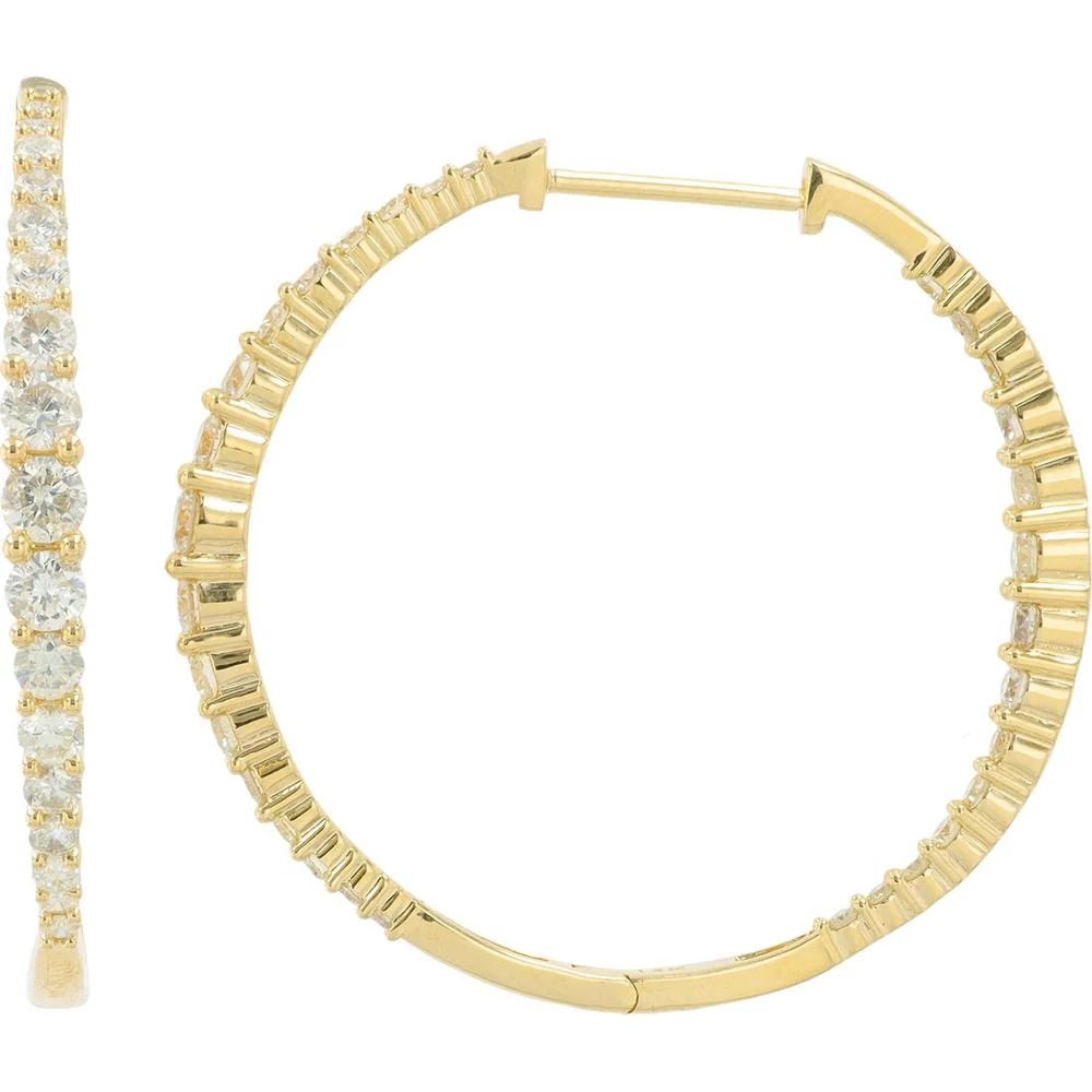 14K Yellow Gold 14K 2 Carat Round Diamond Inside - Out Hoops - 2.00 Carat Total Diamond Weight - Image 2