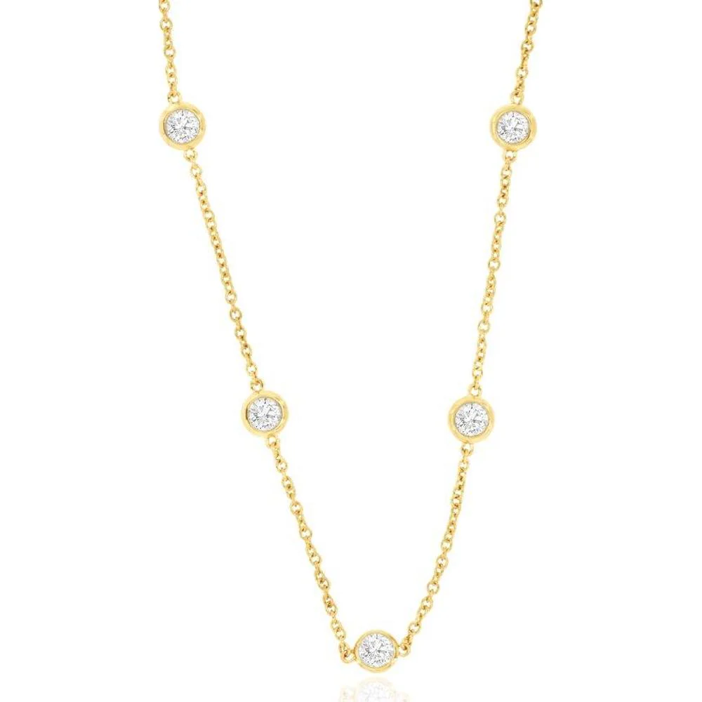 14K Yellow Gold 15 Station Necklace with Bezel Set Round Diamonds - 1.95 Carats Total Diamond Weight - Royal Jewelry