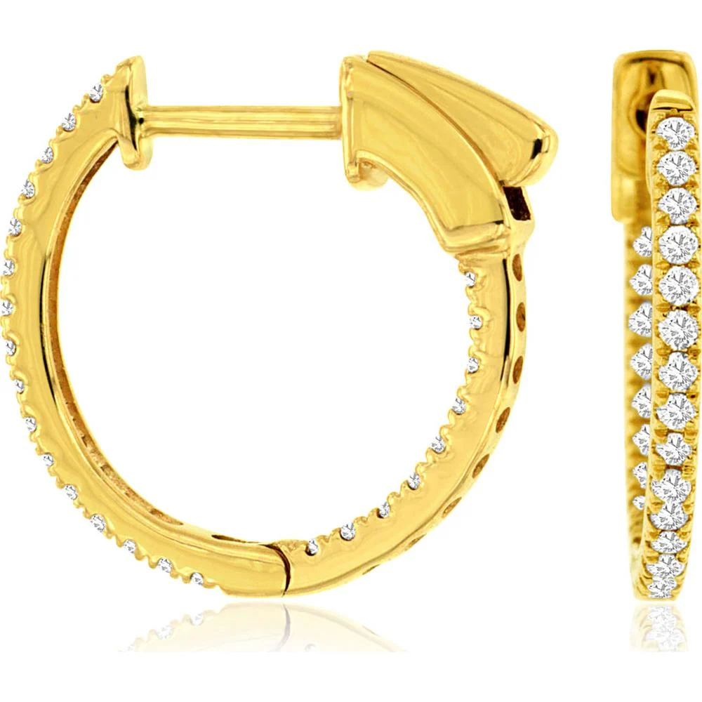 14K Yellow Gold 15mm Diamond Hoop Earrings with Round Diamonds - 0.25 Carat Total Diamond Weight - Royal Jewelry