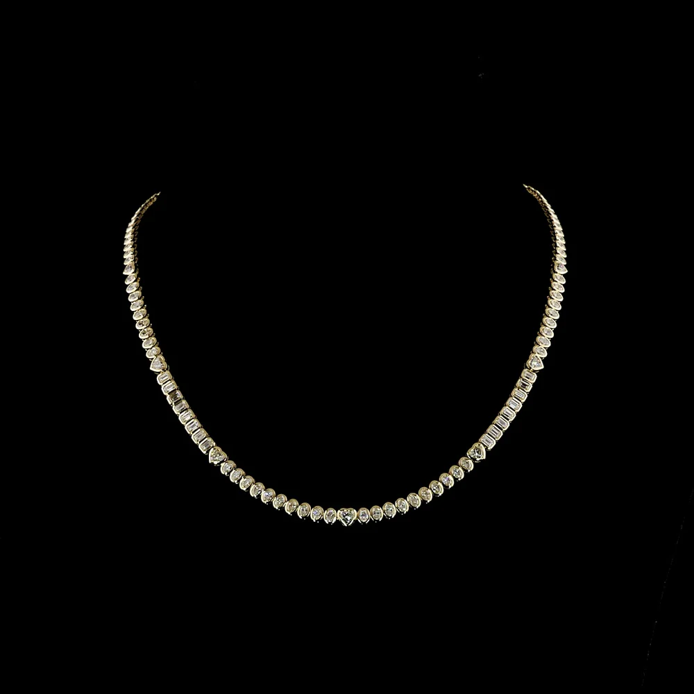 14K Yellow Gold 17" Mixed Shape Tennis Necklace with Heart and Oval Lab Diamonds in Bezel Settings - 8.00 Carats Total Diamond Weight - Covaloro Fine Jewelry