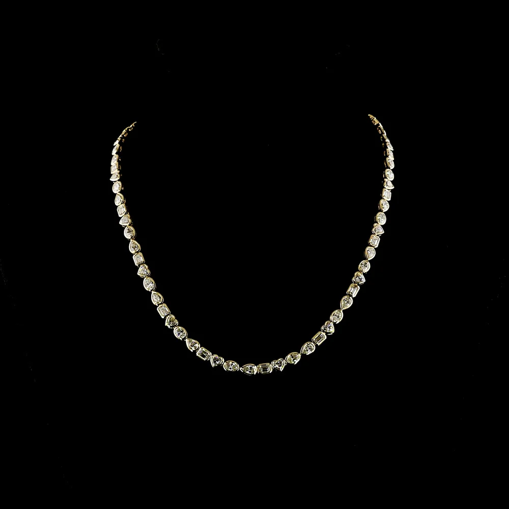 14K Yellow Gold 18.39 Carats Mixed Shape Lab Diamond Tennis Necklace with Oval, Pear, and Heart Cuts in East-West Bezel Settings - E-F VS1 - Covaloro Fine Jewelry