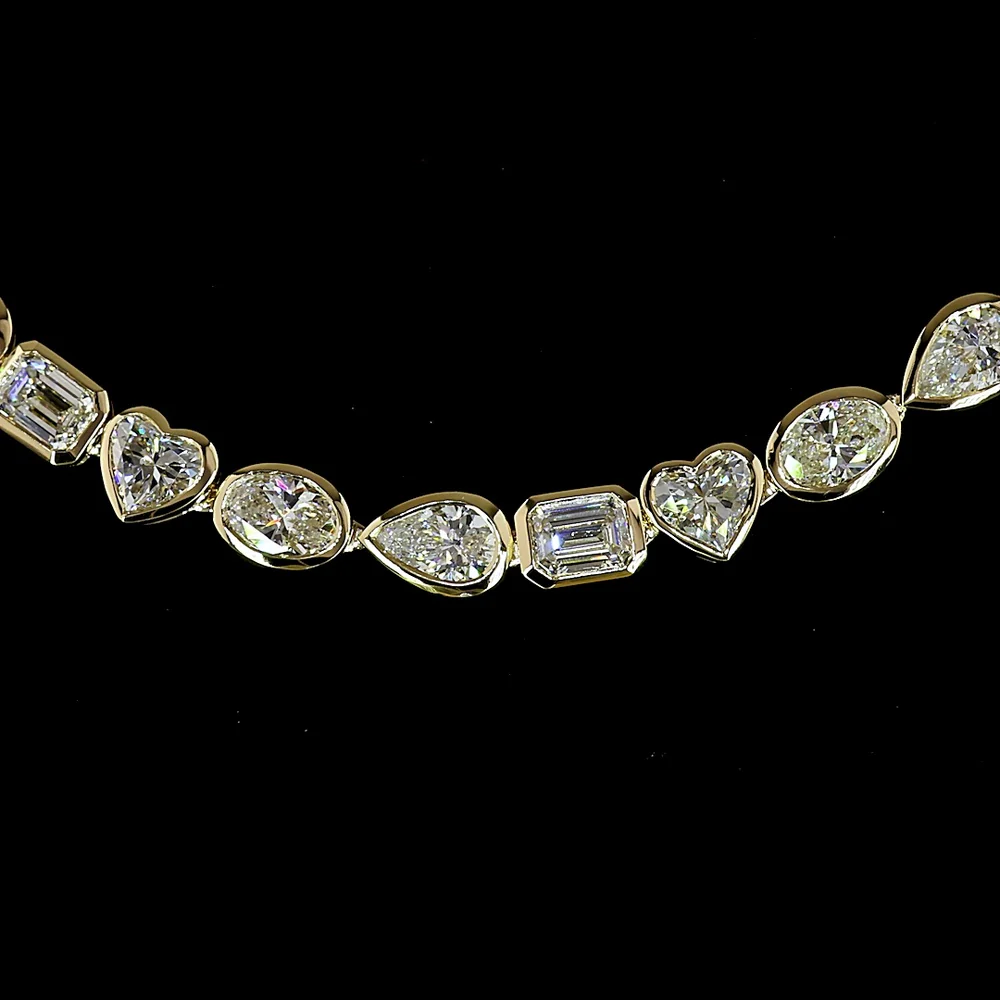 14K Yellow Gold 18.39 Carats Mixed Shape Lab Diamond Tennis Necklace with Oval, Pear, and Heart Cuts in East-West Bezel Settings - E-F VS1 - Covaloro Fine Jewelry - Image 2