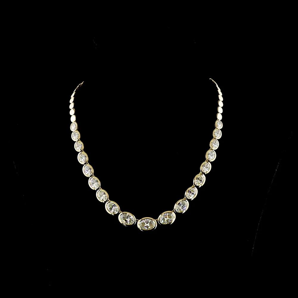 14K Yellow Gold 19-Stone Graduating Riviera Necklace with Bezel-Set Oval Lab Diamonds - 28.56 Carat Total Weight - Covaloro Fine Jewelry