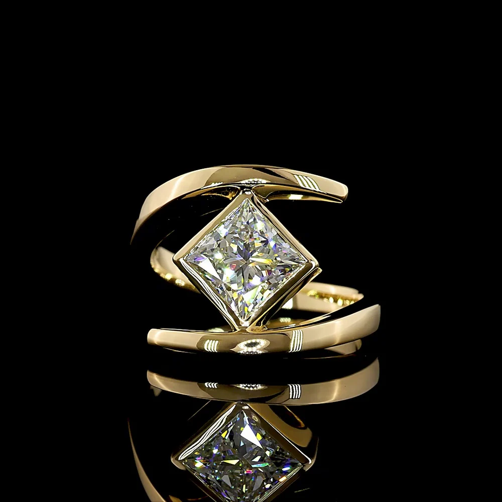 14K Yellow Gold 2.06 Carat Lab Grown Princess Cut Solitaire Ring with Bezel Setting and Split Shank Design - E-F Color VS1 Clarity - Covaloro Fine Jewelry