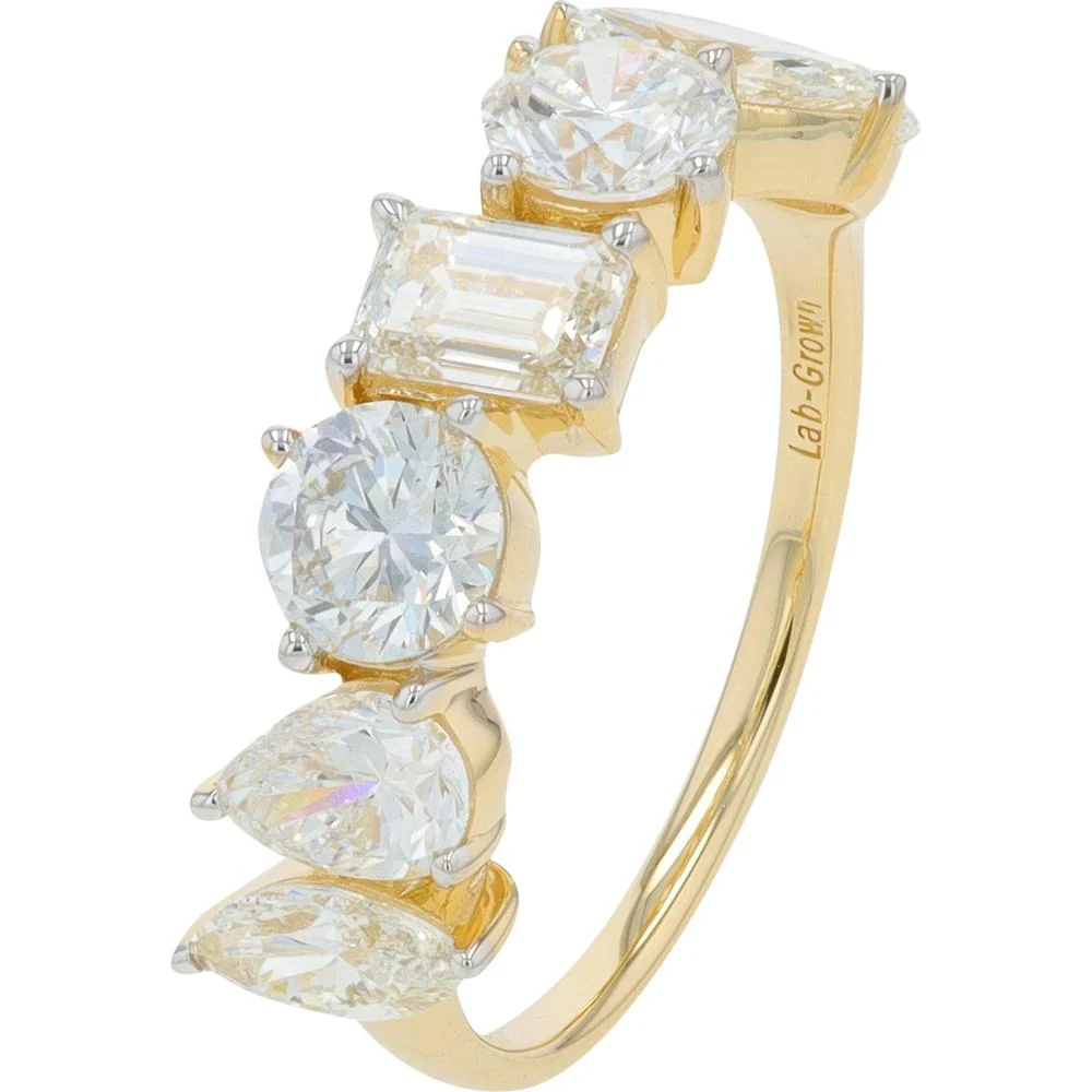 14K Yellow Gold 2.50 Carat Lab Grown Diamond Band with Emerald, Round, and Pear Cut Diamonds