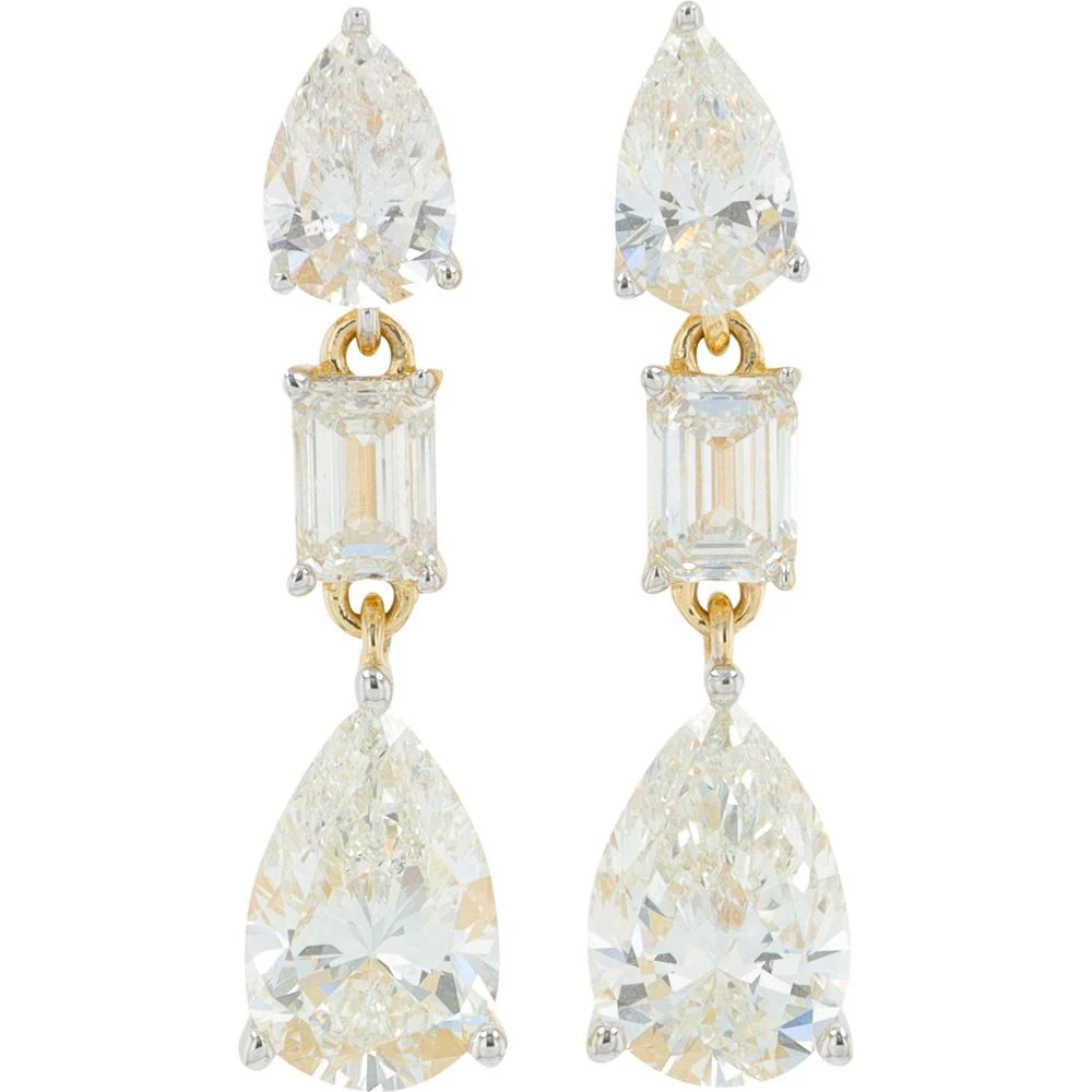 14K Yellow Gold 2.50 Carat Lab Grown Diamond Dangle Earrings with Pear and Emerald - Cut Diamonds - 2.50 Carat Total Diamond Weight