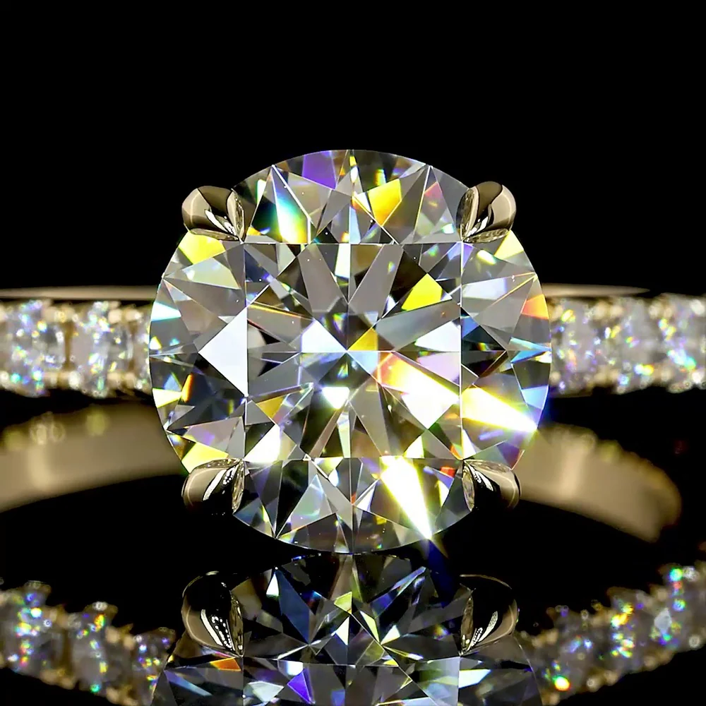 14K Yellow Gold 2.50 Carat Round Brilliant Cut Lab Diamond Solitaire Shank Ring with Pavé Set Diamond Band - 3.19 Carat Total Diamond Weight - Covaloro Fine Jewelry - Image 2