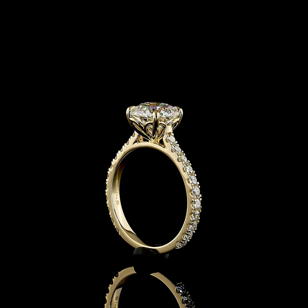 14K Yellow Gold 2.50 Carat Round Brilliant Cut Lab Diamond Solitaire Shank Ring with Pavé Set Diamond Band - 3.19 Carat Total Diamond Weight - Covaloro Fine Jewelry - Image 3