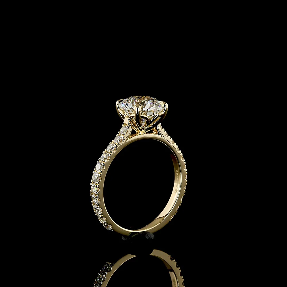 14K Yellow Gold 2.50 Carat Round Brilliant Cut Lab Diamond Solitaire Shank Ring with Pavé Set Diamond Band - 3.19 Carat Total Diamond Weight - Covaloro Fine Jewelry - Image 4