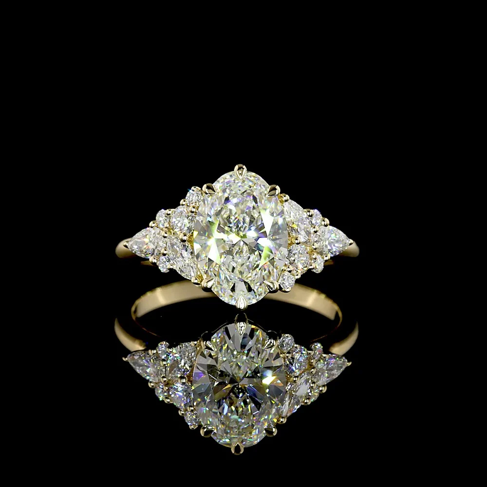 14K Yellow Gold 2.53 Carat Oval Cut Lab Diamond Special Ring with Marquise and Pear Shaped Side Stones - IGI Certified E-F Color VVS2 Clarity - Covaloro Fine Jewelry