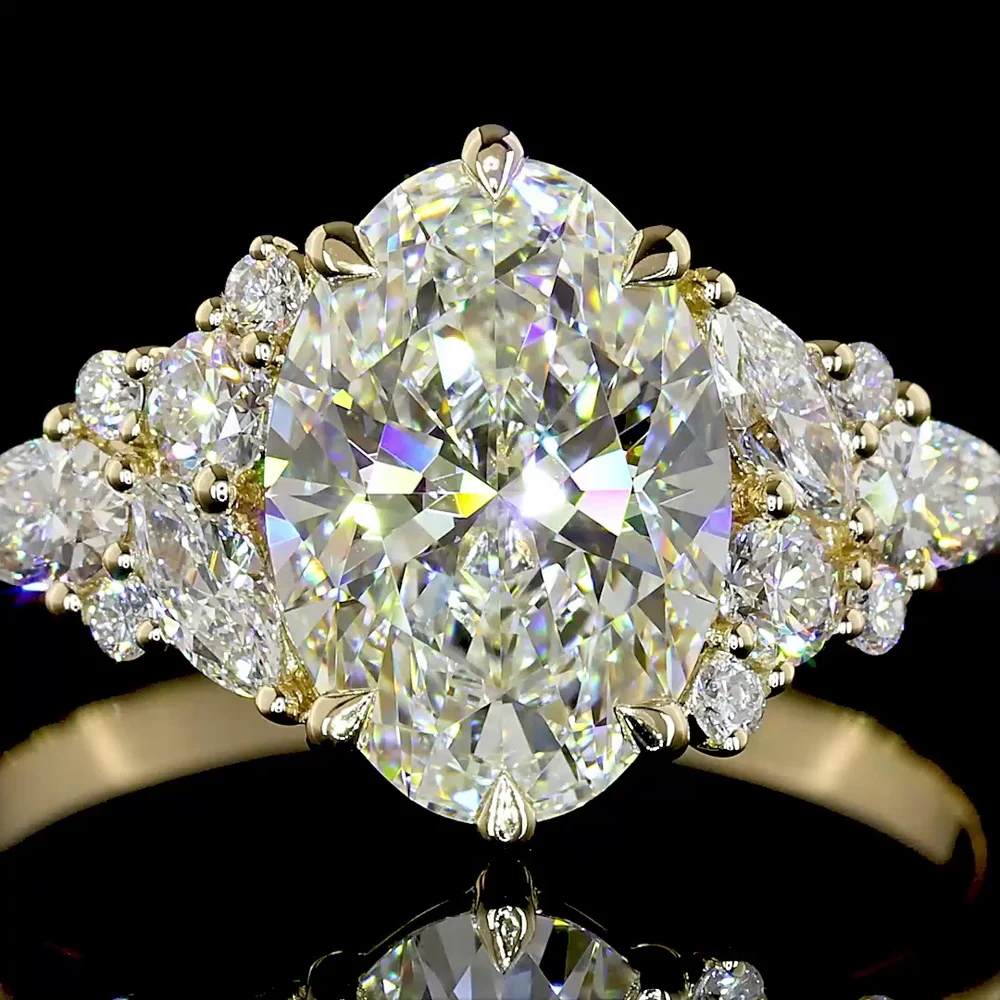 14K Yellow Gold 2.53 Carat Oval Cut Lab Diamond Special Ring with Marquise and Pear Shaped Side Stones - IGI Certified E-F Color VVS2 Clarity - Covaloro Fine Jewelry - Image 2
