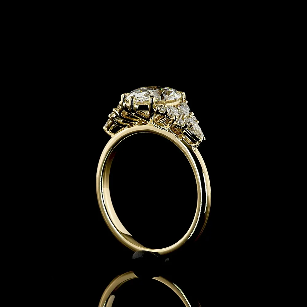 14K Yellow Gold 2.53 Carat Oval Cut Lab Diamond Special Ring with Marquise and Pear Shaped Side Stones - IGI Certified E-F Color VVS2 Clarity - Covaloro Fine Jewelry - Image 3
