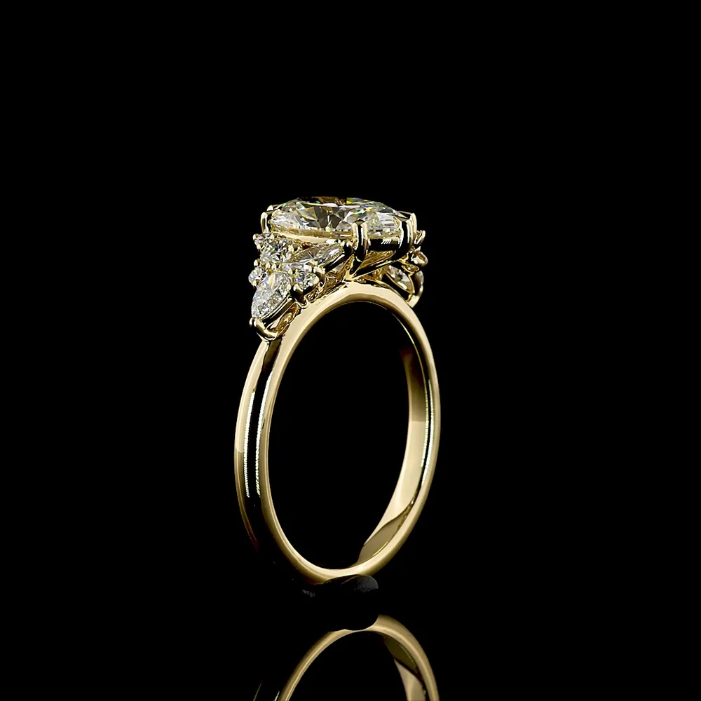 14K Yellow Gold 2.53 Carat Oval Cut Lab Diamond Special Ring with Marquise and Pear Shaped Side Stones - IGI Certified E-F Color VVS2 Clarity - Covaloro Fine Jewelry - Image 4