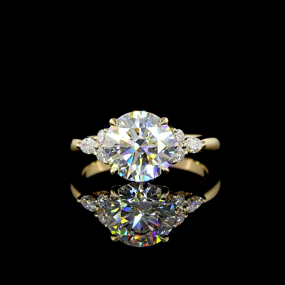 14K Yellow Gold 2.76cttw Round Brilliant Cut Lab Diamond Ring with Marquise and Round Accents - E VVS2 Center - Covaloro Fine Jewelry