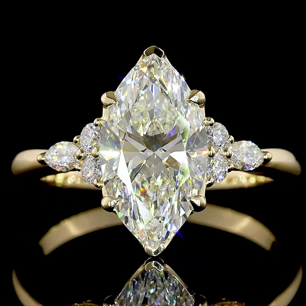 14K Yellow Gold 2.77 Carat Marquise Cut Lab Diamond Ring with Marquise and Round Side Stones - F VS2 Center - Covaloro Fine Jewelry - Image 2