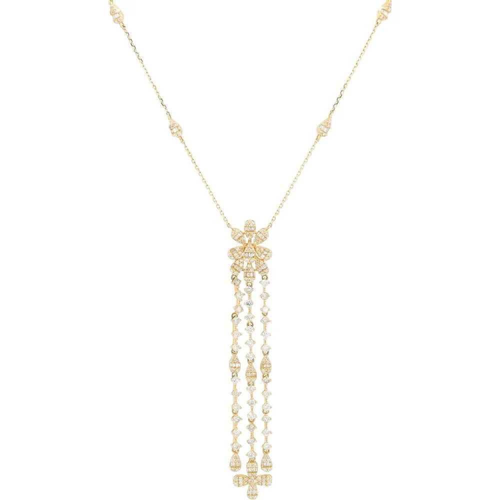 14K Yellow Gold 2 Carat Diamond Floral Pendant Necklace with Milgrain and Baguette Accents