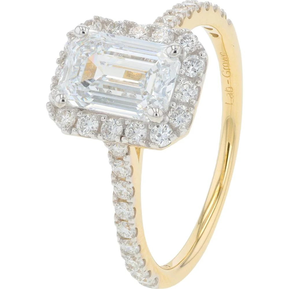 14K Yellow Gold 2 Carat Lab Grown Diamond Emerald Cut Engagement Ring with Pavé Halo - 2.00 Carat Total Diamond Weight