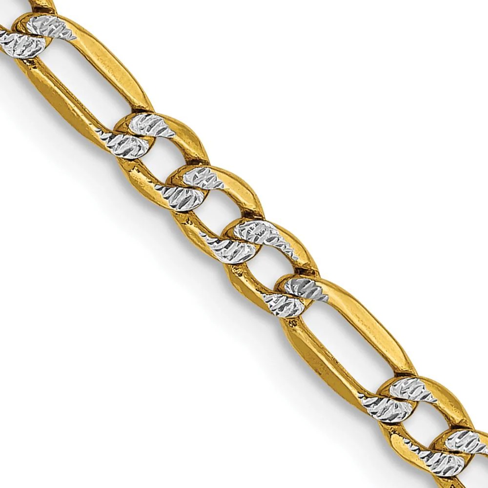 14K Yellow Gold 22" Figaro Chain with Rhodium Pavé Accents - 3.2mm Width by Oro Pregiato