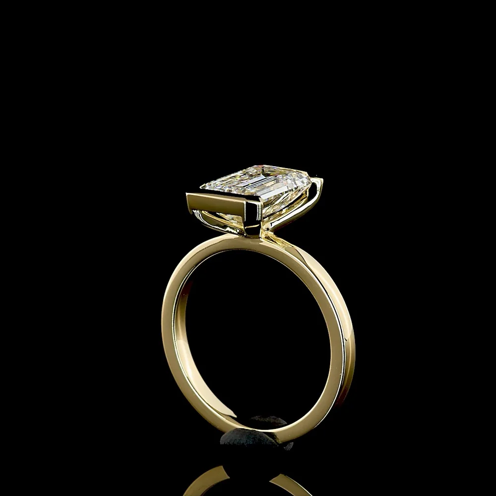 14K Yellow Gold 3.03 Carat Emerald Cut Solitaire Ring with Half Bezel Setting and North-South Orientation - Lab Grown F VVS2 Diamond IGI Certified - Covaloro Fine Jewelry - Image 3