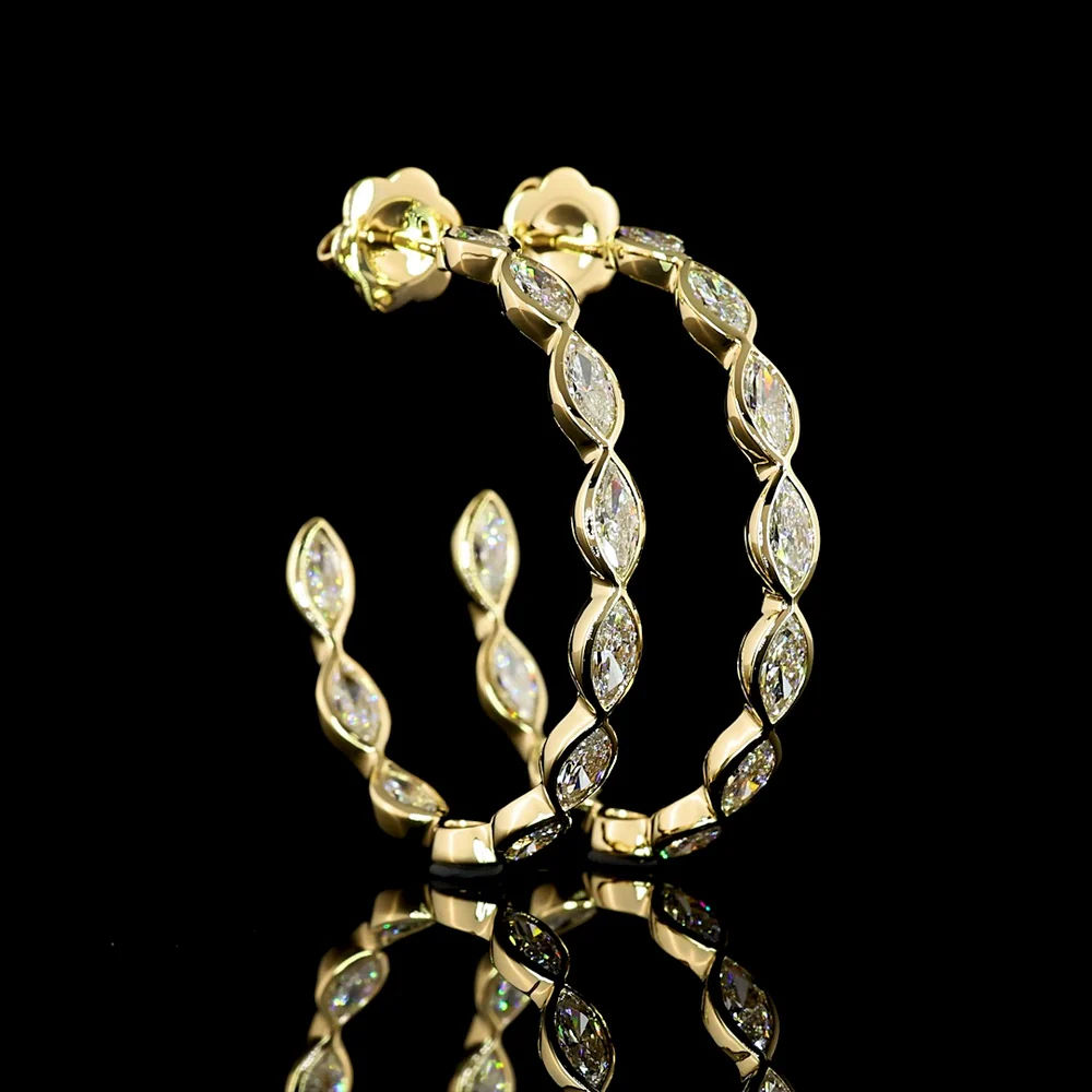 14K Yellow Gold 3.13 Carat Marquise Cut Lab Diamond C-Hoop Earrings with East-West Bezel Setting - E-F Color VS1 Clarity - Covaloro Fine Jewelry