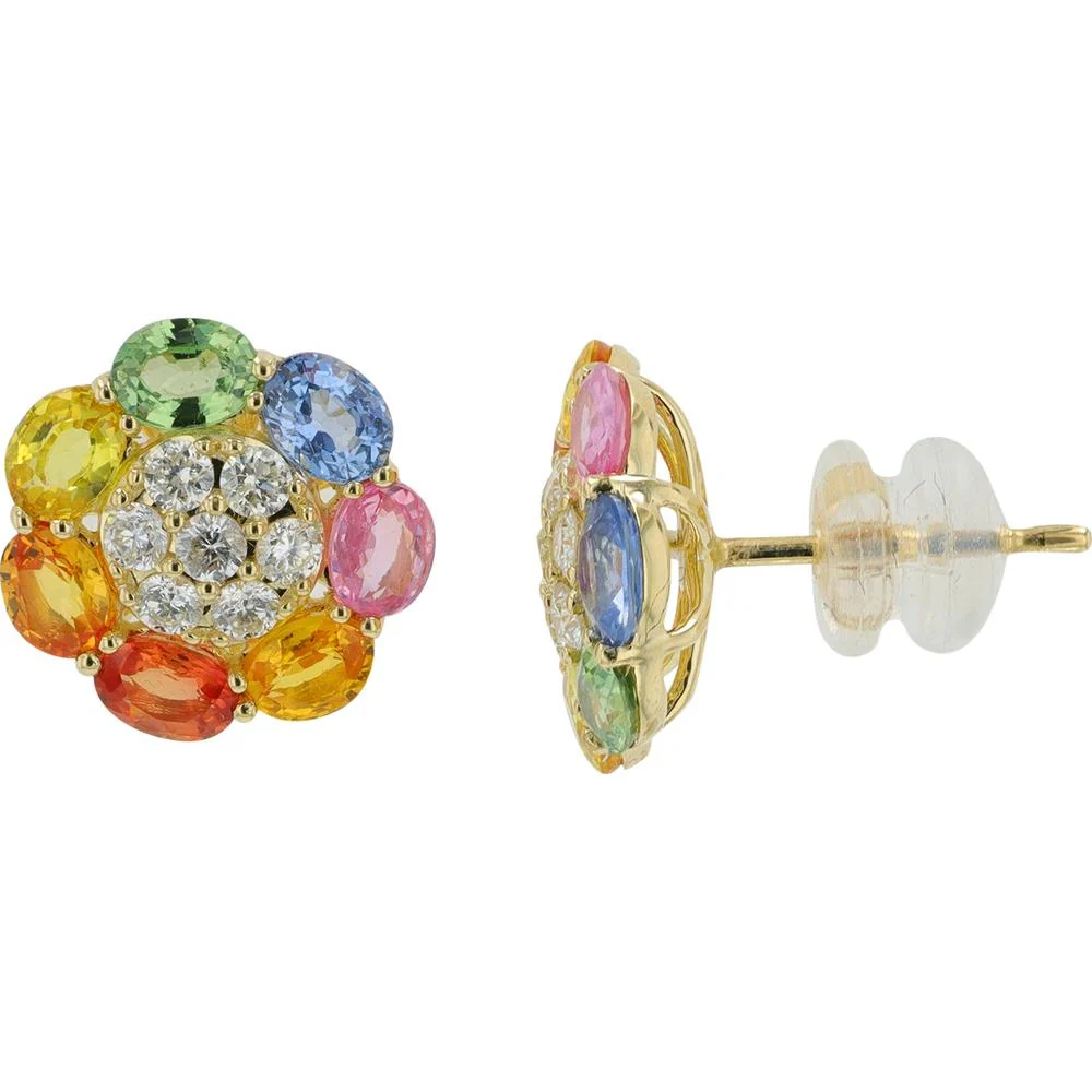 14K Yellow Gold 3.15 Carat Multicolor Sapphire Flower Earrings with 0.50 Carat Diamond Accents - Image 2