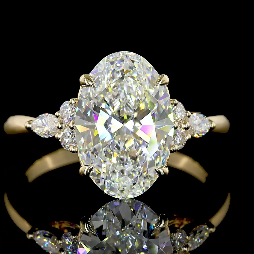 14K Yellow Gold 3.35 Carats Total Weight Oval Cut Lab Diamond Ring with E VVS2 Clarity and Marquise & Round Side Stones - IGI Certified - Covaloro Fine Jewelry - Image 2